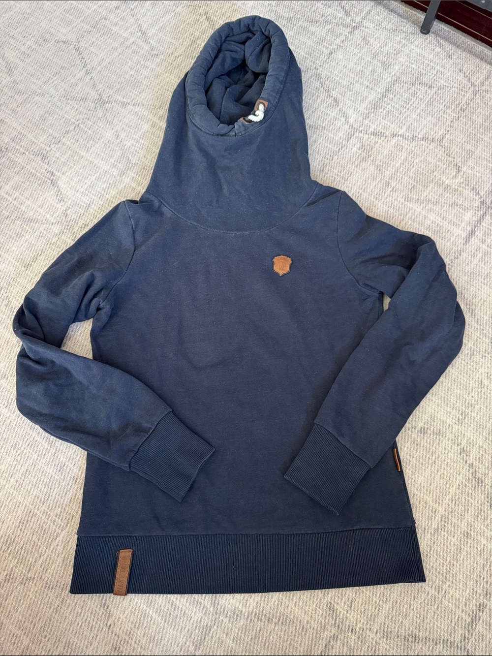 Naketano Navy Pullover Hoodie with Brown Leather Accents